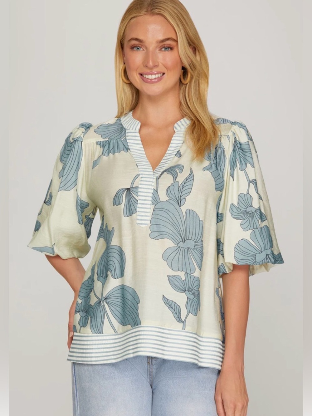 NWT Beautiful She + Sky Cream Shirt with Blue Floral Print and Striped Trim - L